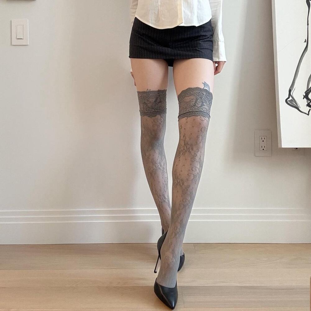 Grey lace floral thigh high